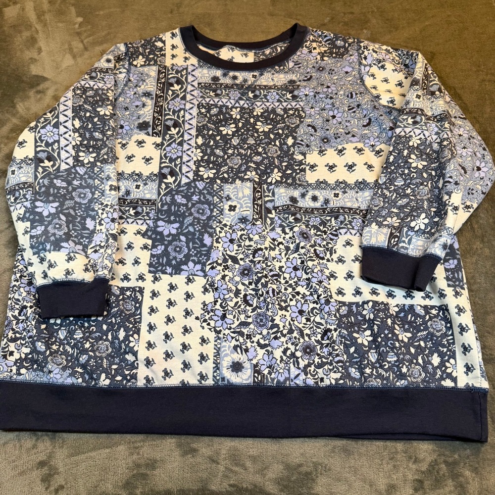 Woman Within Blue Patchwork Floral Sweatshirt Top‎ Pullover Womens size 1X 22/24